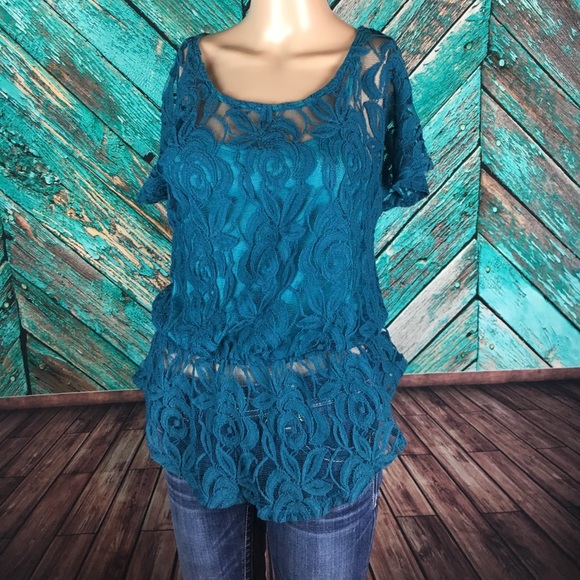 Anthropologie Pins & Needles Turquoise Lace Top - Picture 3 of 7